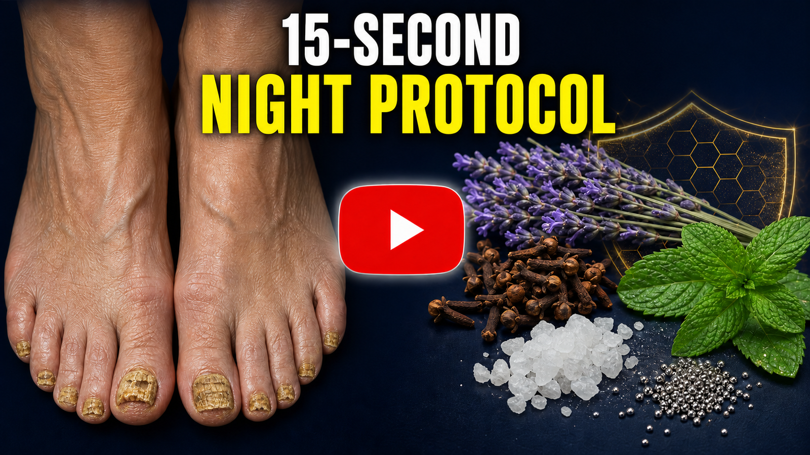 Female feet with affected-looking toenails beside lavender, cloves, mint, camphor crystals, and mineral particles.
